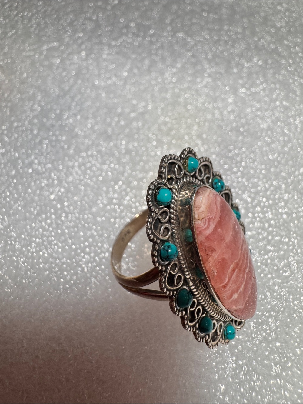 925 Sterling Silver Pink Stone and Turquoise Accent Silver Ring Sz 8 - Picture 8 of 9